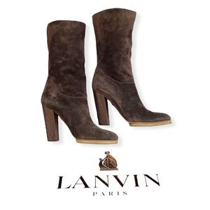 Lanvin Brown Suede Boots W/ Croc Embossed Heels- Like New!